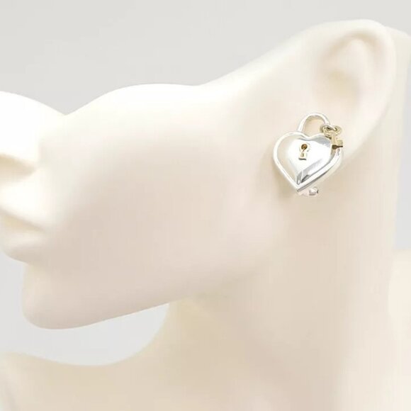 Tiffany & Co. Heart Key Padlock Clip-On Earrings Silver 925 & 18k Gold 750 Auth - Picture 4 of 16